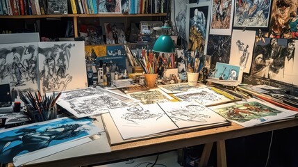 A comic artist's desk with ink pens, rulers, storyboards, and character sketches, surrounded by inspiration boards and piles of graphic novels.