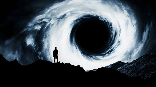 A silhouette of a person standing on a hill, gazing at a massive black hole in the sky, contemplating the mysteries of time and space beyond 