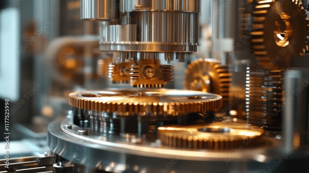 Poster Close up of complex machinery with interlocking gears rotating smoothly, showcasing precision engineering and industrial automation in a factory setting