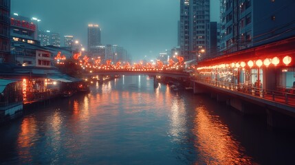 Fototapeta premium Nighttime City Canal Bridge Festive Lights Illumination