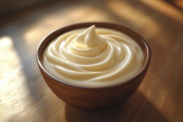 A bowl of fresh whipped cream with a wooden background