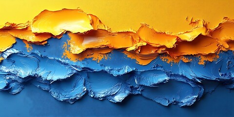 Fototapeta premium Blue and orange paint texture, abstract art, close-up view. Design background.