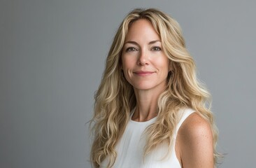 Fototapeta premium Beautiful blonde woman with long, curly hair posing in a white dress against a gray background, a studio portrait.