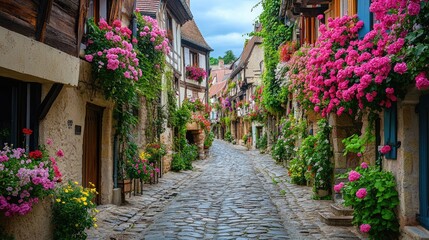 Fototapeta premium Flower adorned cobblestone street in a charming village
