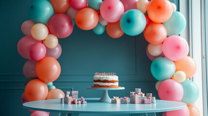 party balloons arranged in an arch over a table with a birthday cake and small wrapped gifts