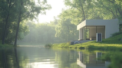 Modern house by a river in a tranquil forest at dawn.