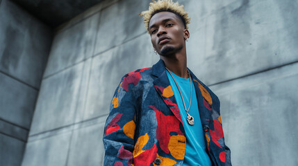 A fashionable young black man poses confidently in a vibrant blazer, exuding style and attitude against a modern architectural backdrop, perfect for fashion and lifestyle themes.
