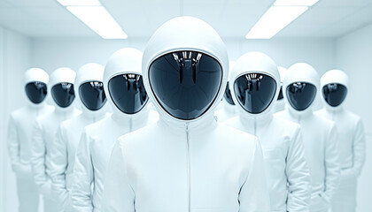 Astronaut mental strength. Futuristic group of astronauts in white suits and helmets in sterile environment