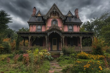 Fototapeta premium Pink Victorian house with ornate porch, garden, stormy sky