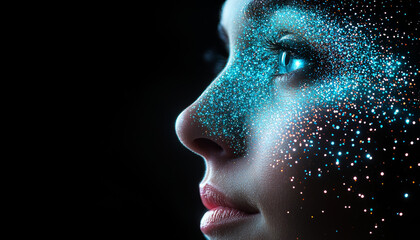 Astronaut mental strength. mesmerizing portrait of woman with sparkling blue particles her face, evoking sense of wonder
