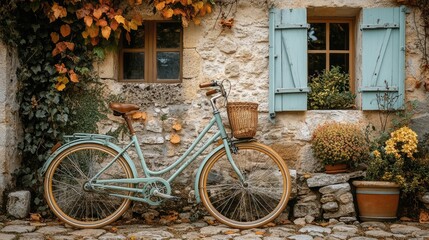 Vintage Bicycle Leaned Against Rustic Stone House Wall