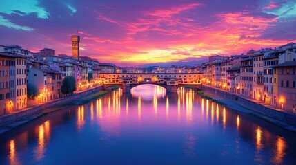 Fototapeta premium Vibrant Sunset Over Ponte Vecchio in Florence Italy