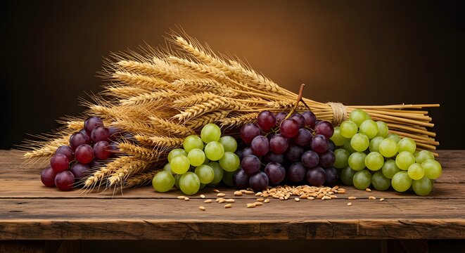 Old brown table adorned with grapes and wheat, symbolizing Eucharistic imagery and Christ's provision