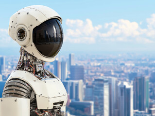 Astronaut mental strength. futuristic robot stands against city skyline, showcasing advanced technology
