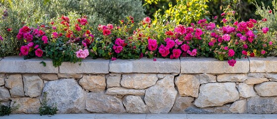 Pink roses atop stone wall, garden backdrop