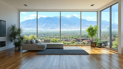 Fototapeta premium Modern living room with panoramic mountain view.