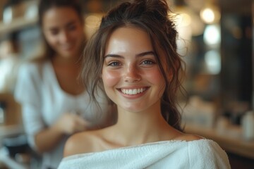 professional hairstylist performing precise haircut on smiling female client in contemporary beauty salon with soft natural lighting