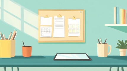 A modern teacher's desk with a tablet, a coffee mug, a calendar, and neatly arranged lesson plans, set in a bright, minimalistic classroom.