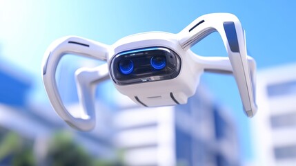 A close-up view of a sleek, modern drone with blue headlights, set against a bright blue sky, Ideal for technology, innovation, and aerial photography topics in marketing materials or blog posts,