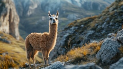 Obraz premium A llama stands gracefully on rugged rocks in the Andes mountains, surrounded by stunning natural beauty and soft golden light during the evening