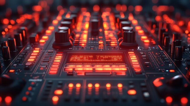 A close-up of a vibrant red glowing professional DJ mixing board with intricate details and blurred background offering a feeling of futuristic music creation
