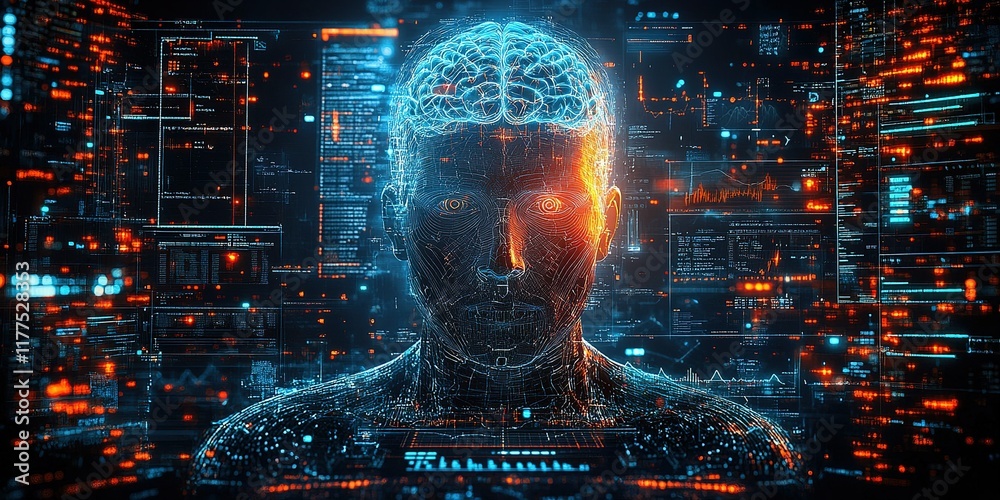 Poster digital representation of a human-like figure with glowing brain and data patterns in a futuristic e