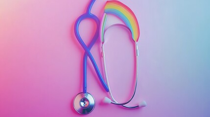 Fototapeta premium A colorful stethoscope with a rainbow design on one side, set against a gradient background transitioning from pink to purple.