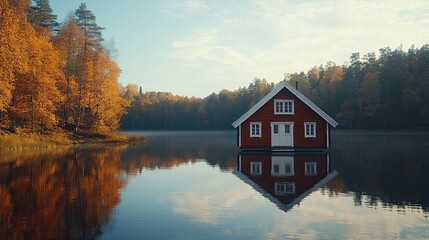 Fototapeta premium Red Cabin on Calm Autumn Lake Surrounded by Trees