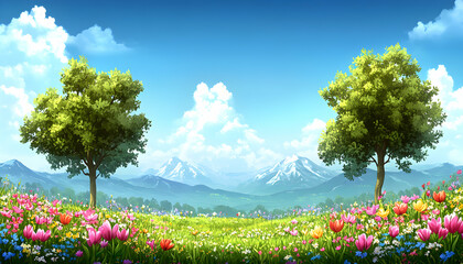 Idyllic spring meadow scene with vibrant flowers, majestic mountains, and two lush trees under a bright blue sky. Perfect for idyllic, peaceful, and tranquil themed projects.