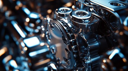 Fototapeta premium An intricate arrangement of metallic engine parts can be seen, showcasing their polished surfaces and detailed textures. The play of light enhances the precision of the machinery