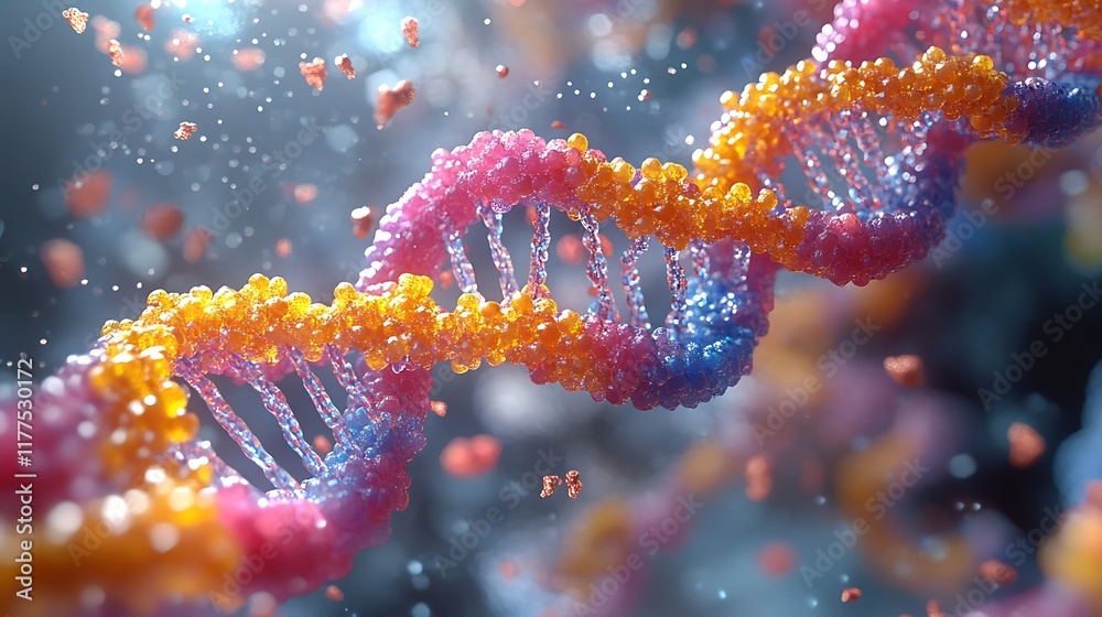 Aufkleber Colorful DNA double helix structure in motion, with particles and bokeh effect.