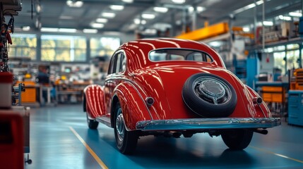 Obraz premium A sleek, shiny red vintage car is parked in a spacious auto workshop filled with tools and workstations. Bright overhead lights illuminate the area, creating an inviting atmosphere