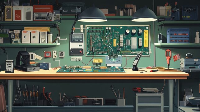 An electrical engineer's desk with circuit boards, a soldering iron, multimeter, and wiring diagrams, set in a lab environment with shelves of components.