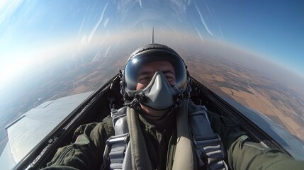 Fototapeta premium A pilot sits confidently in the cockpit of a military jet, capturing a moment of exhilaration against a backdrop of blue sky and distant land below