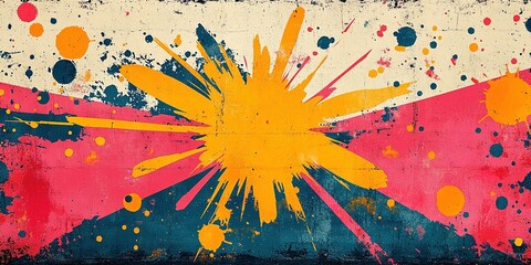 Colorful mural depicting vibrant splashes with sunburst design in urban setting