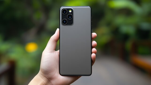 Modern smartphone with multiple camera lenses in hand showcasing its sleek design with a blurred background of lush greenery
