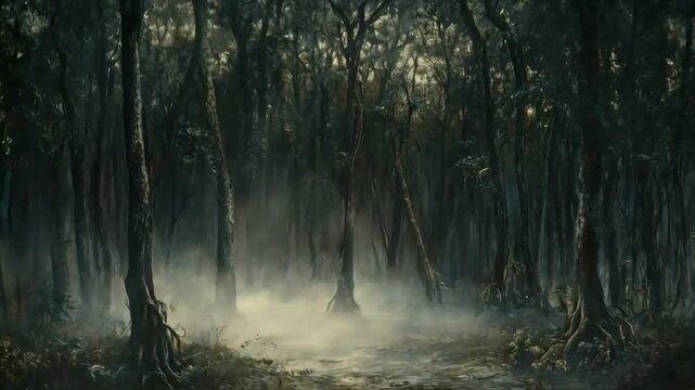 Misty swamp forest with tall trees and exposed roots.
