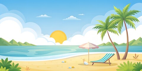 Relaxing beach paradise with a vibrant sunset between tropical palms and gentle waves, creating a serene getaway filled with warmth and beauty