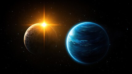 Fototapeta premium Celestial scene featuring two planets and a shining sun.
