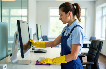 Cleaning lady is disinfecting computer screen in modern office