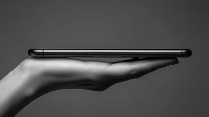 Sleek Smartphone in a Hand, A Minimalist View Highlighting Its Thin Profile and Elegant Design against a Monotone Background