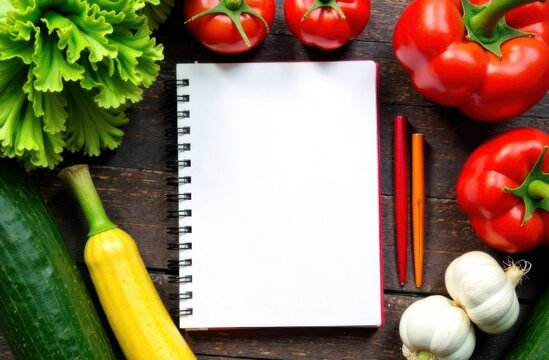 Planning healthy eating habits with notebook and fresh vegetables with copy space for text