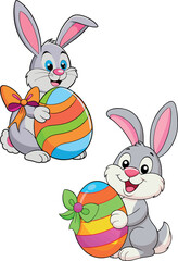 Two gray easter bunnies holding decorated eggs with ribbons