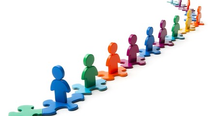 Colorful figures in a line of puzzle pieces, forming a continuous queue.