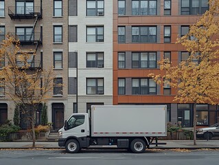 White delivery truck parked on city street, between buildings with autumn leaves.