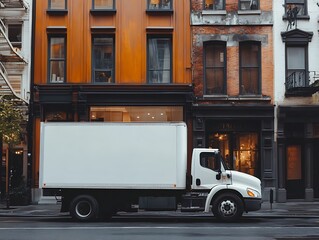 White delivery truck parked on city street next to buildings.