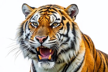 Naklejka premium Majestic Bengal Tiger Roar, Fangs Bared, Isolated White Background PNG - Wildlife Stock Photo