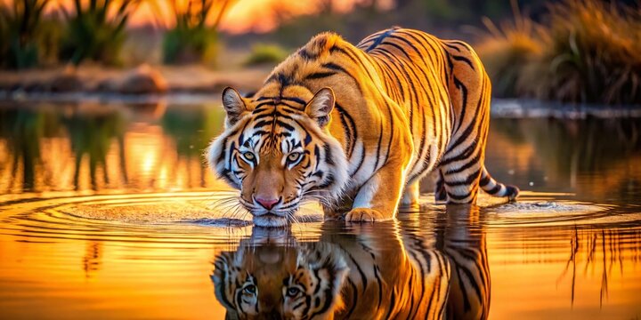 Majestic Bengal Tiger Drinking at Waterhole - Wildlife Reflection