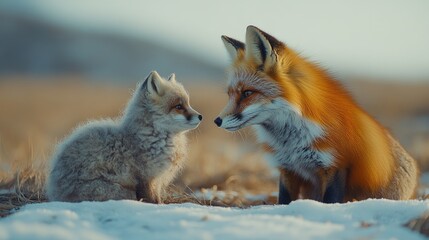 Naklejka premium Red Fox and Kit Encounter in Snowy Winter Habitat