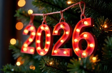 Red light up numbers 2026 hanging on christmas tree celebrating new year